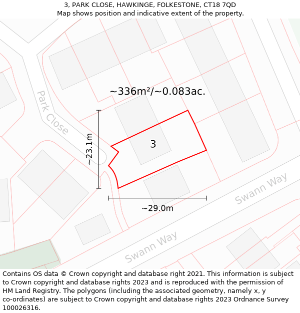 3, PARK CLOSE, HAWKINGE, FOLKESTONE, CT18 7QD: Plot and title map