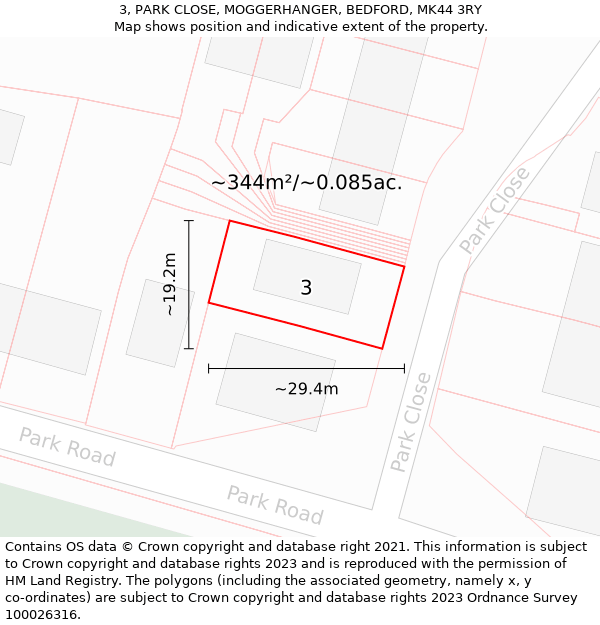 3, PARK CLOSE, MOGGERHANGER, BEDFORD, MK44 3RY: Plot and title map