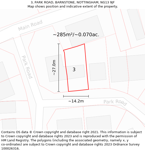 3, PARK ROAD, BARNSTONE, NOTTINGHAM, NG13 9JF: Plot and title map