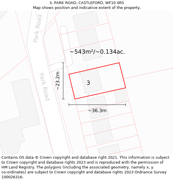 3, PARK ROAD, CASTLEFORD, WF10 4RS: Plot and title map