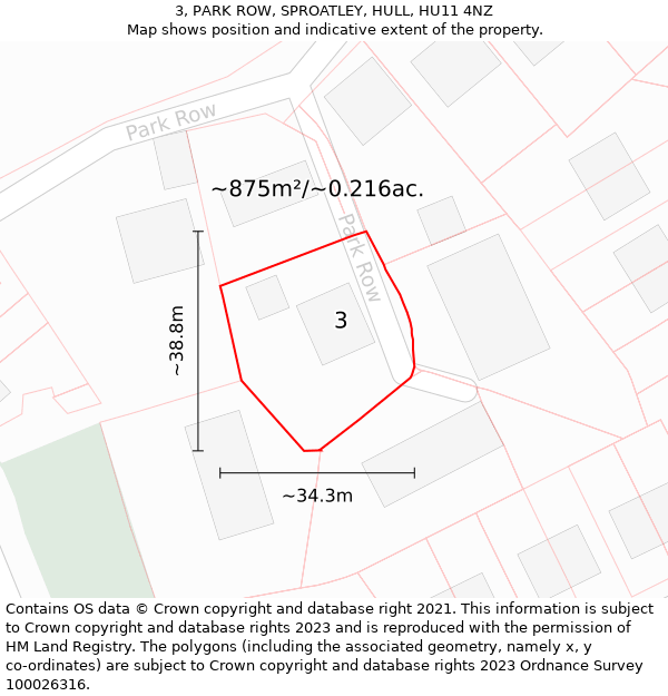 3, PARK ROW, SPROATLEY, HULL, HU11 4NZ: Plot and title map