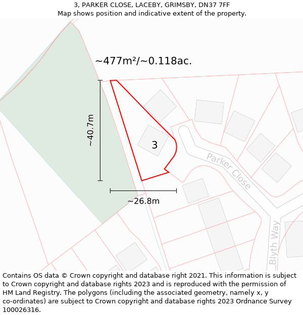 3, PARKER CLOSE, LACEBY, GRIMSBY, DN37 7FF: Plot and title map