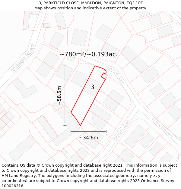 3, PARKFIELD CLOSE, MARLDON, PAIGNTON, TQ3 1PF: Plot and title map