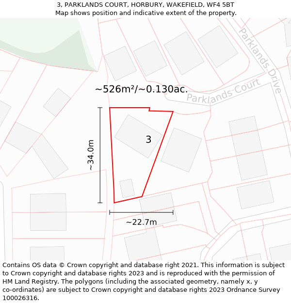 3, PARKLANDS COURT, HORBURY, WAKEFIELD, WF4 5BT: Plot and title map
