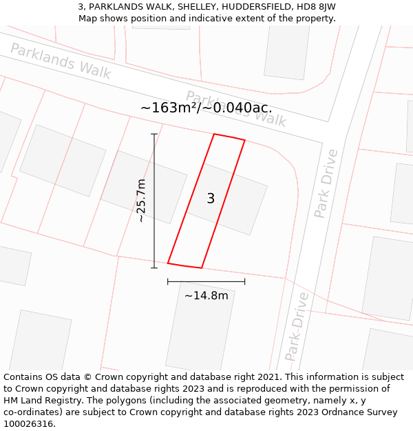 3, PARKLANDS WALK, SHELLEY, HUDDERSFIELD, HD8 8JW: Plot and title map