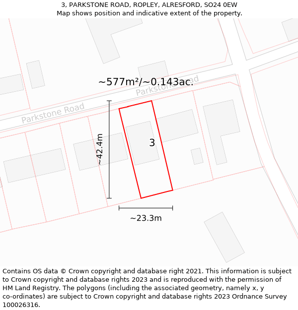 3, PARKSTONE ROAD, ROPLEY, ALRESFORD, SO24 0EW: Plot and title map