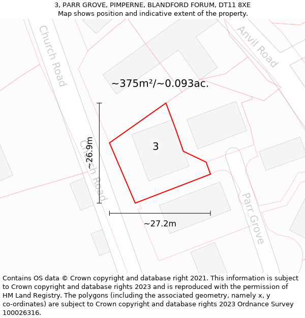 3, PARR GROVE, PIMPERNE, BLANDFORD FORUM, DT11 8XE: Plot and title map