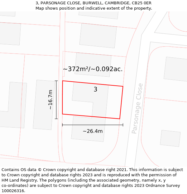 3, PARSONAGE CLOSE, BURWELL, CAMBRIDGE, CB25 0ER: Plot and title map