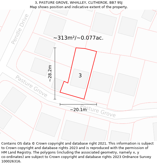 3, PASTURE GROVE, WHALLEY, CLITHEROE, BB7 9SJ: Plot and title map