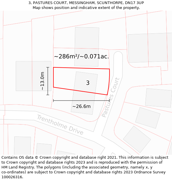 3, PASTURES COURT, MESSINGHAM, SCUNTHORPE, DN17 3UP: Plot and title map