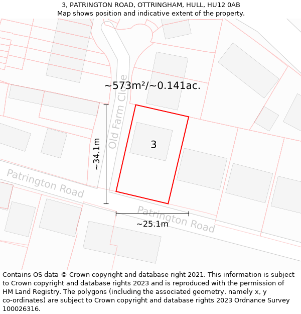 3, PATRINGTON ROAD, OTTRINGHAM, HULL, HU12 0AB: Plot and title map