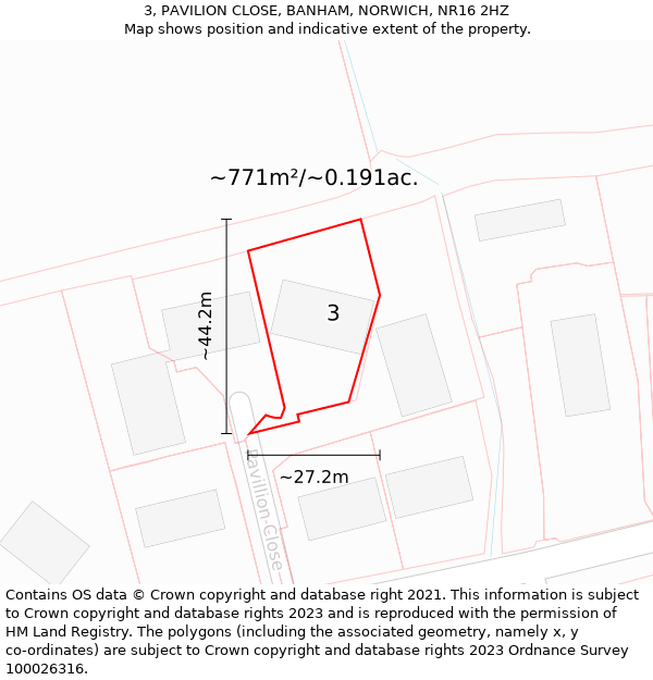 3, PAVILION CLOSE, BANHAM, NORWICH, NR16 2HZ: Plot and title map