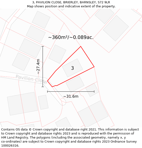 3, PAVILION CLOSE, BRIERLEY, BARNSLEY, S72 9LR: Plot and title map