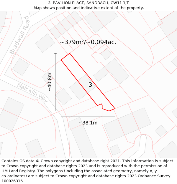 3, PAVILION PLACE, SANDBACH, CW11 1JT: Plot and title map