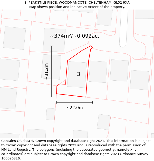 3, PEAKSTILE PIECE, WOODMANCOTE, CHELTENHAM, GL52 9XA: Plot and title map