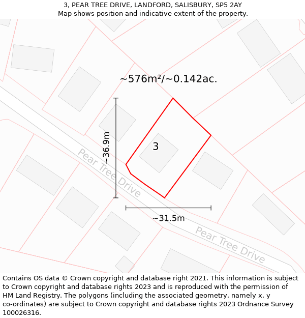 3, PEAR TREE DRIVE, LANDFORD, SALISBURY, SP5 2AY: Plot and title map