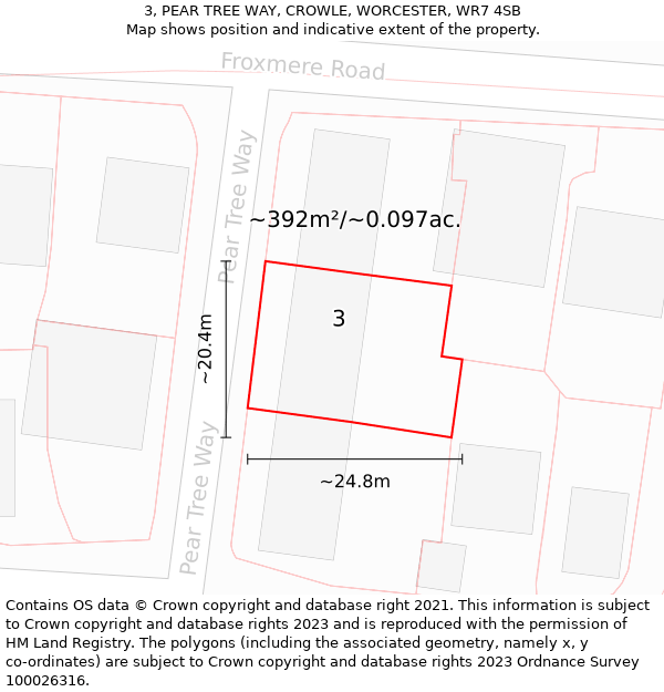 3, PEAR TREE WAY, CROWLE, WORCESTER, WR7 4SB: Plot and title map