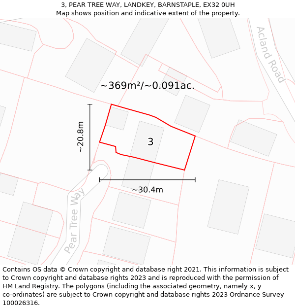 3, PEAR TREE WAY, LANDKEY, BARNSTAPLE, EX32 0UH: Plot and title map