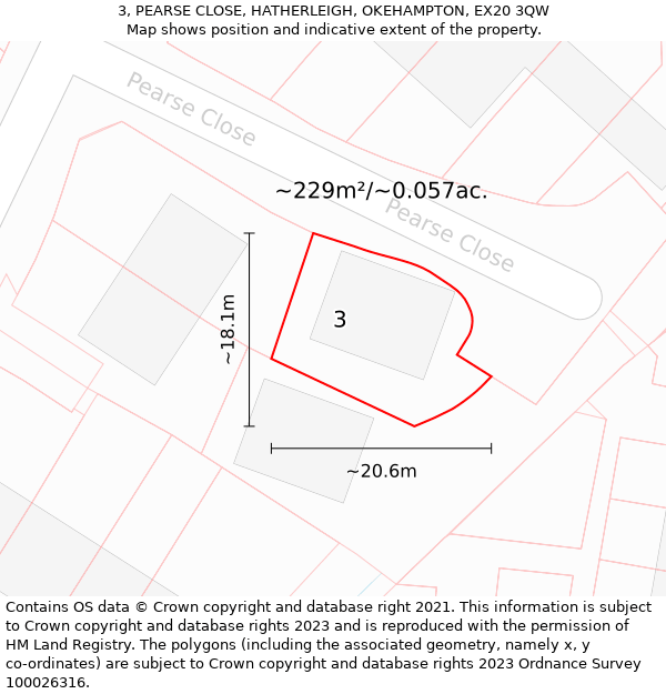 3, PEARSE CLOSE, HATHERLEIGH, OKEHAMPTON, EX20 3QW: Plot and title map