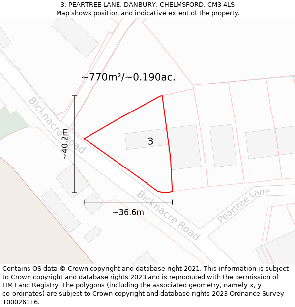 3, PEARTREE LANE, DANBURY, CHELMSFORD, CM3 4LS: Plot and title map