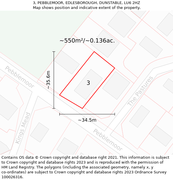 3, PEBBLEMOOR, EDLESBOROUGH, DUNSTABLE, LU6 2HZ: Plot and title map