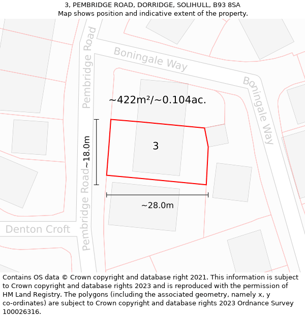 3, PEMBRIDGE ROAD, DORRIDGE, SOLIHULL, B93 8SA: Plot and title map