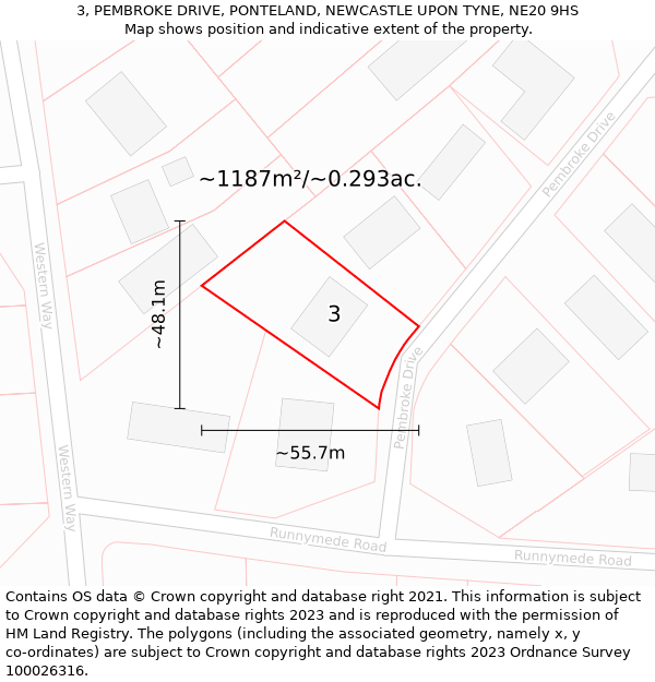 3, PEMBROKE DRIVE, PONTELAND, NEWCASTLE UPON TYNE, NE20 9HS: Plot and title map