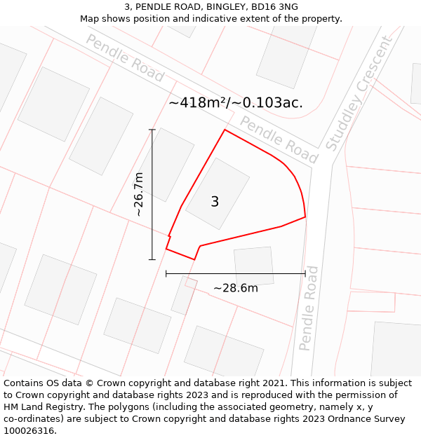 3, PENDLE ROAD, BINGLEY, BD16 3NG: Plot and title map