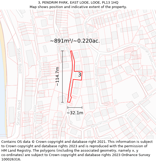 3, PENDRIM PARK, EAST LOOE, LOOE, PL13 1HQ: Plot and title map