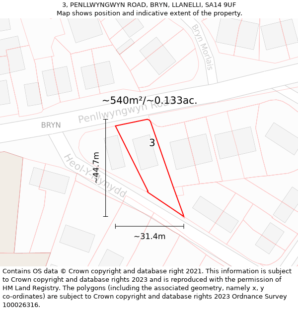 3, PENLLWYNGWYN ROAD, BRYN, LLANELLI, SA14 9UF: Plot and title map