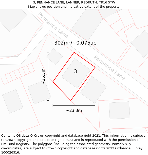 3, PENNANCE LANE, LANNER, REDRUTH, TR16 5TW: Plot and title map