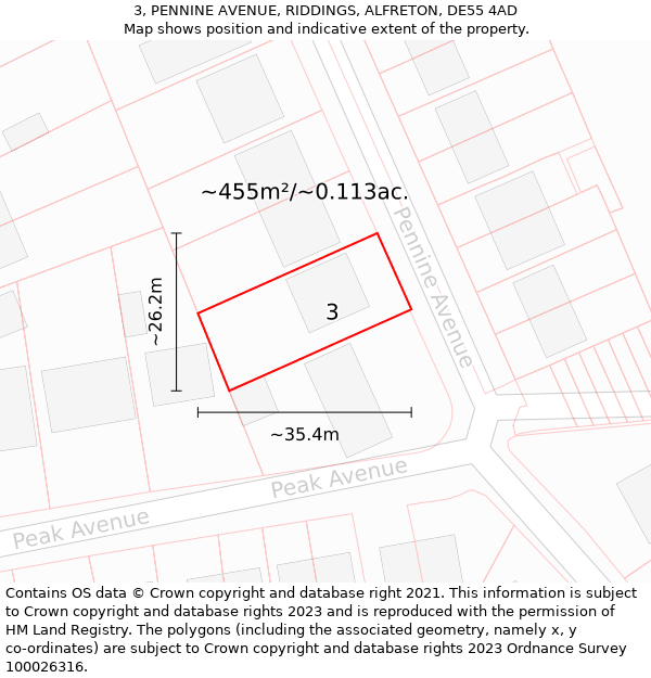 3, PENNINE AVENUE, RIDDINGS, ALFRETON, DE55 4AD: Plot and title map