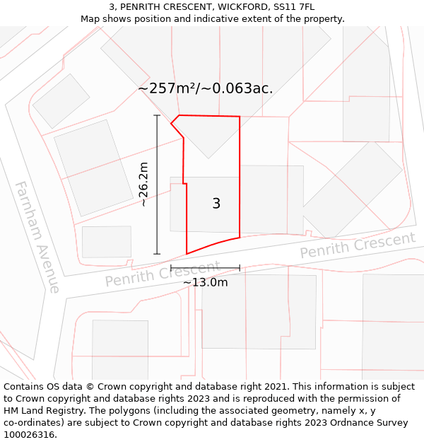 3, PENRITH CRESCENT, WICKFORD, SS11 7FL: Plot and title map