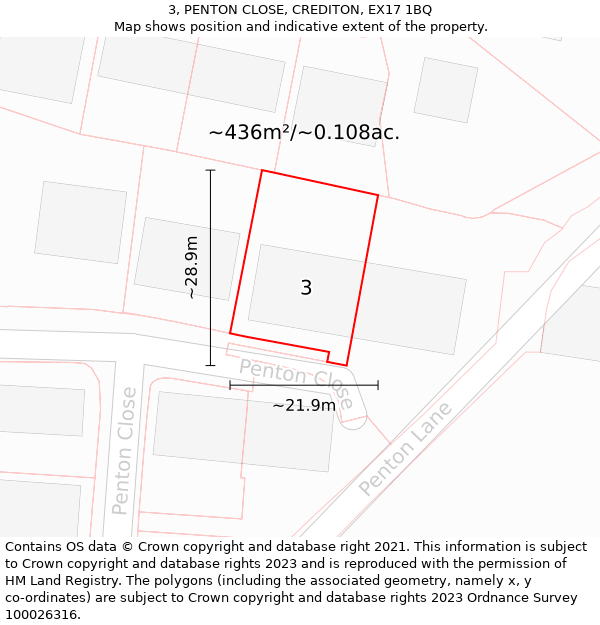 3, PENTON CLOSE, CREDITON, EX17 1BQ: Plot and title map