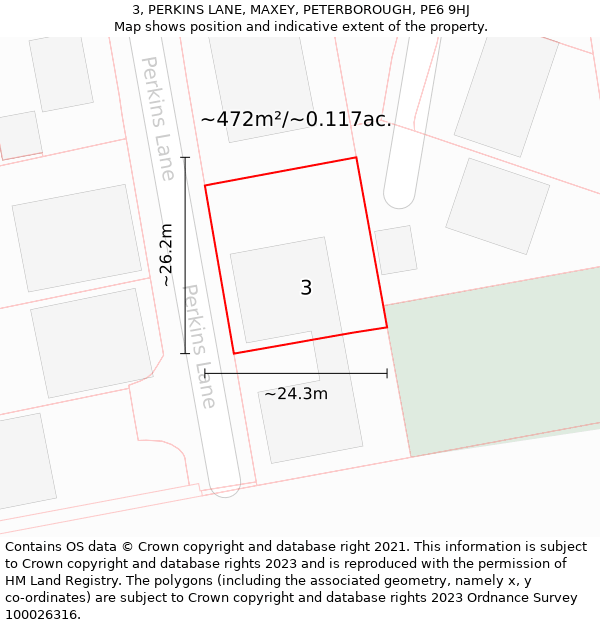 3, PERKINS LANE, MAXEY, PETERBOROUGH, PE6 9HJ: Plot and title map