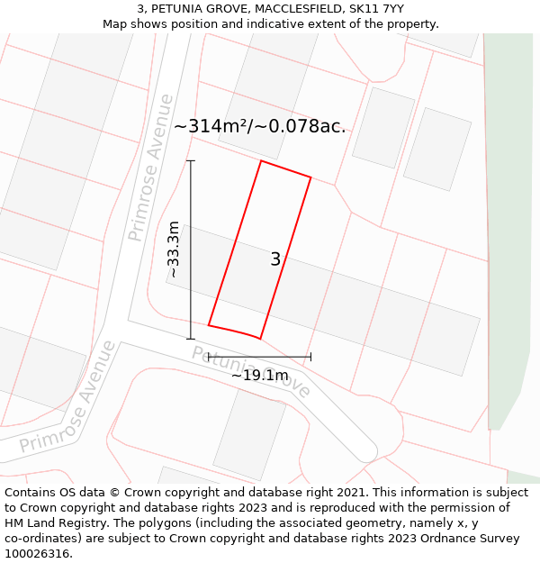 3, PETUNIA GROVE, MACCLESFIELD, SK11 7YY: Plot and title map