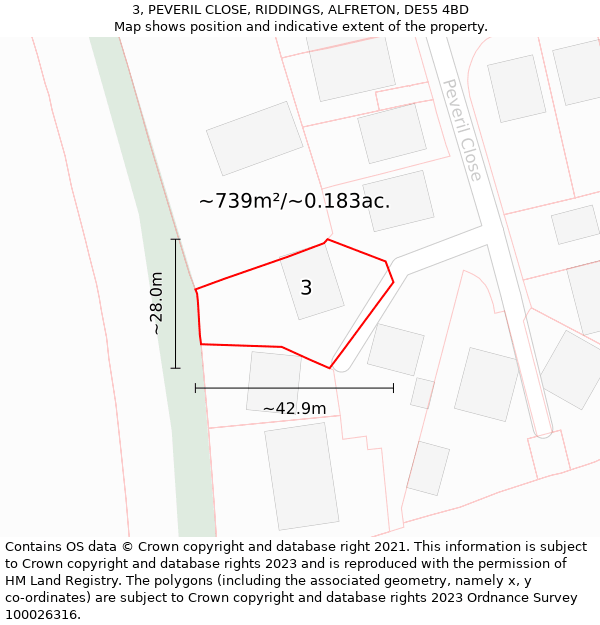 3, PEVERIL CLOSE, RIDDINGS, ALFRETON, DE55 4BD: Plot and title map