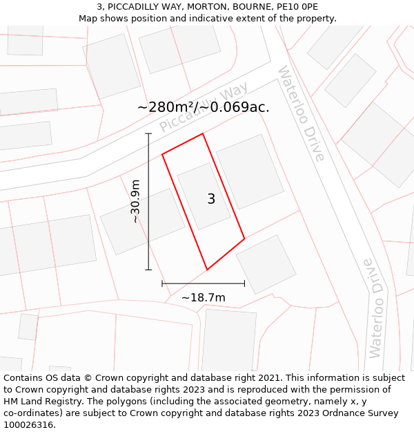 3, PICCADILLY WAY, MORTON, BOURNE, PE10 0PE: Plot and title map