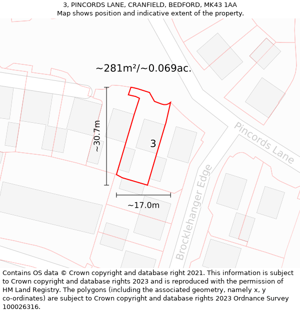 3, PINCORDS LANE, CRANFIELD, BEDFORD, MK43 1AA: Plot and title map