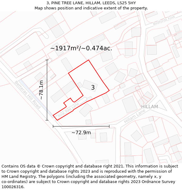 3, PINE TREE LANE, HILLAM, LEEDS, LS25 5HY: Plot and title map