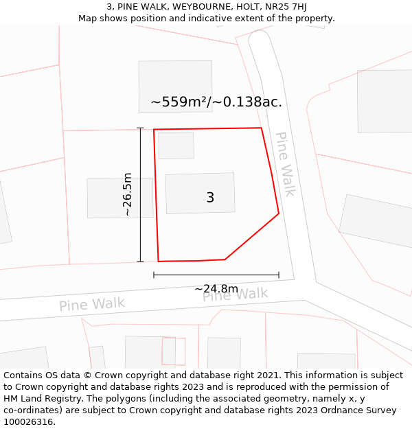 3, PINE WALK, WEYBOURNE, HOLT, NR25 7HJ: Plot and title map