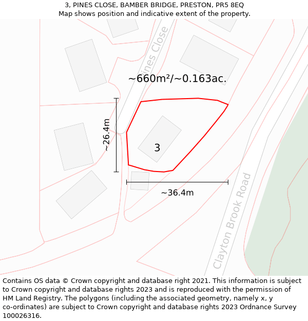 3, PINES CLOSE, BAMBER BRIDGE, PRESTON, PR5 8EQ: Plot and title map