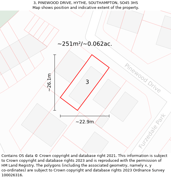 3, PINEWOOD DRIVE, HYTHE, SOUTHAMPTON, SO45 3HS: Plot and title map