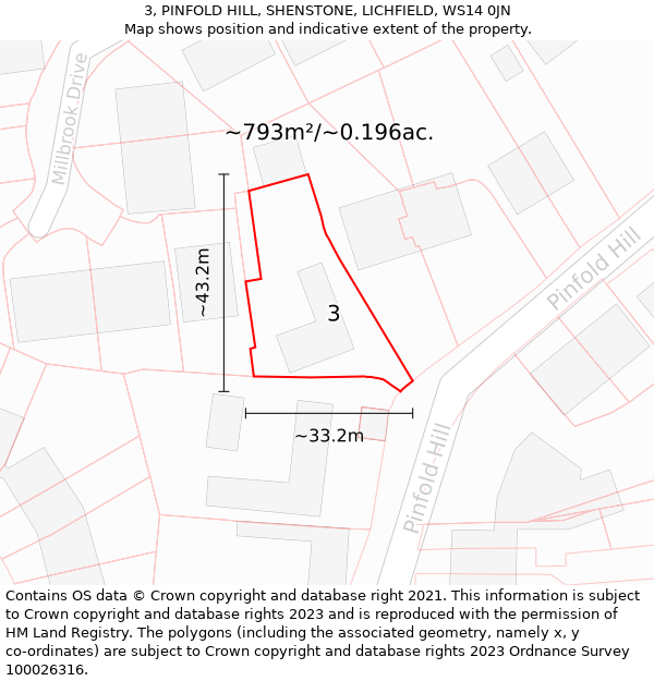 3, PINFOLD HILL, SHENSTONE, LICHFIELD, WS14 0JN: Plot and title map