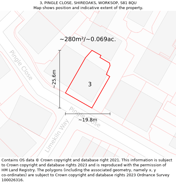 3, PINGLE CLOSE, SHIREOAKS, WORKSOP, S81 8QU: Plot and title map