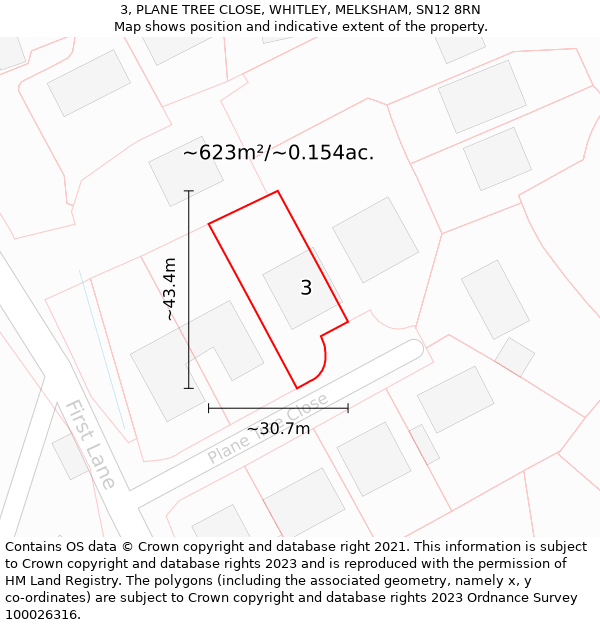 3, PLANE TREE CLOSE, WHITLEY, MELKSHAM, SN12 8RN: Plot and title map