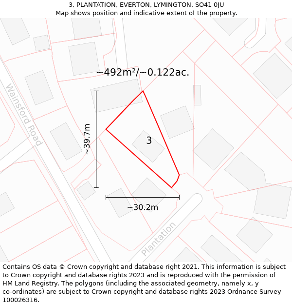 3, PLANTATION, EVERTON, LYMINGTON, SO41 0JU: Plot and title map