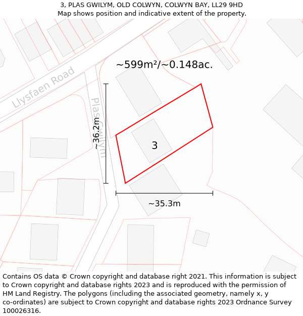 3, PLAS GWILYM, OLD COLWYN, COLWYN BAY, LL29 9HD: Plot and title map