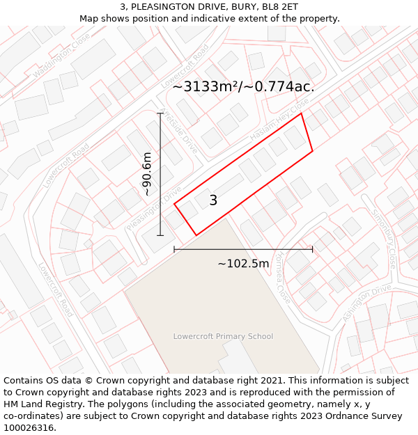 3, PLEASINGTON DRIVE, BURY, BL8 2ET: Plot and title map