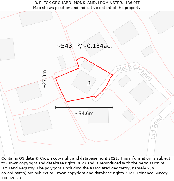 3, PLECK ORCHARD, MONKLAND, LEOMINSTER, HR6 9FF: Plot and title map